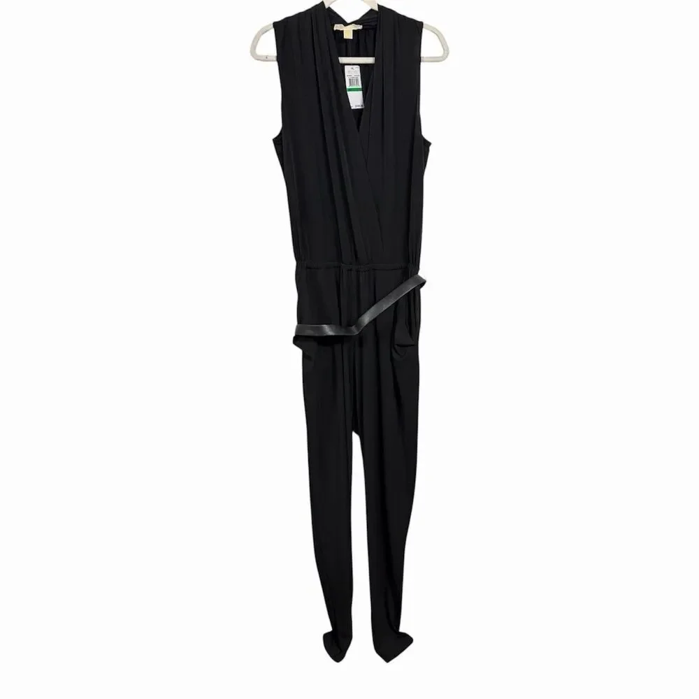 Michael Kors Women's Sz L Black Sleeveless V-Neck One-Piece Tapered Jumpsuit NWT